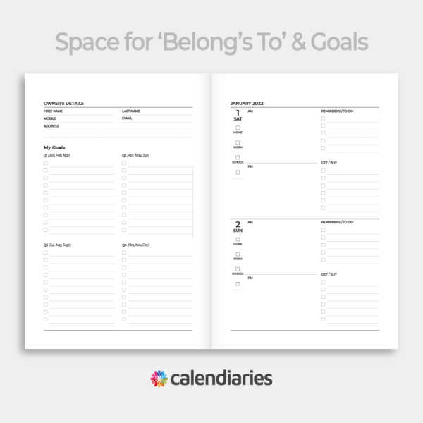2022 Calendar - Owners Information & My Goals