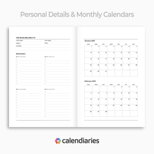 2023 Planner Quarterly Goals & Monthly Calendar Pages - Calendiaries